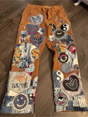 Carhartt Brown Patchwork Embroidered Jeans with Multicolor Appliqués